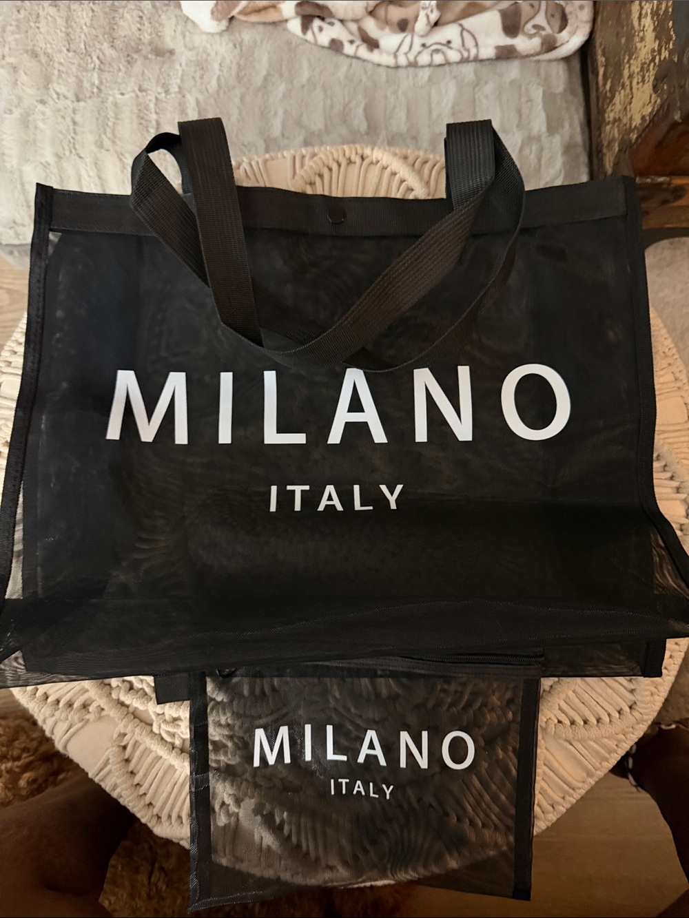 Milano Black Mesh Tote with White Logo